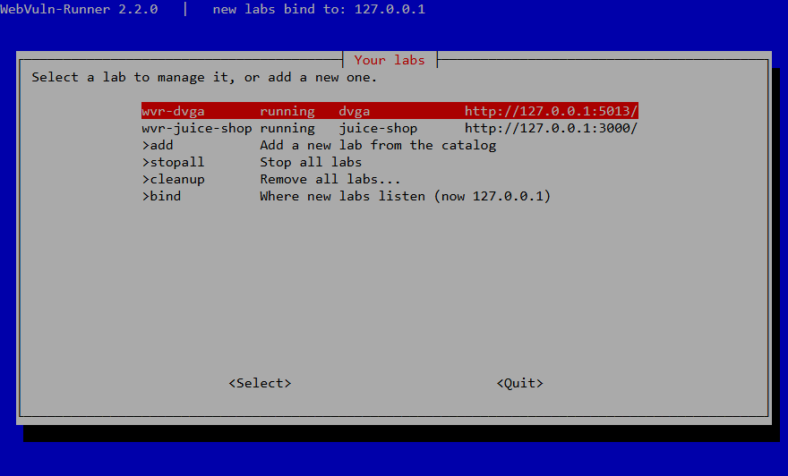 WebVuln-Runner main menu listing two running labs